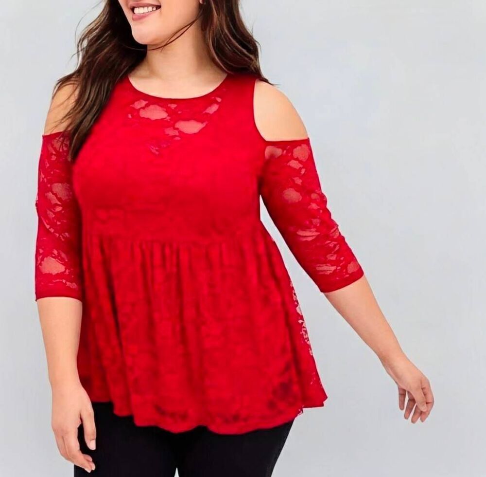Torrid red stretch lace cold shoulder babydoll hi lo top blouse 0X L 12